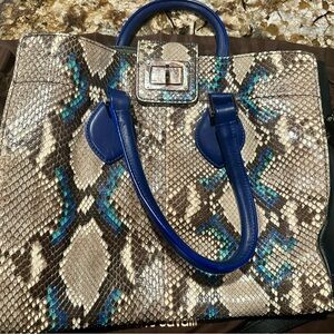 Roberto Cavalli Blue and Tan Snakeskin Tote